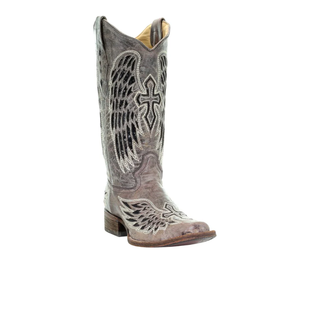 Wings Tooled-Inlay Pull On Square Toe Cowboy Boots - Image 2
