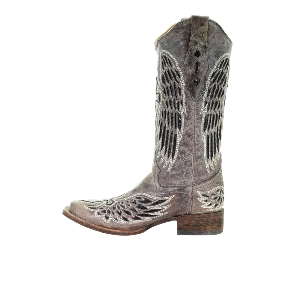 Wings Tooled-Inlay Pull On Square Toe Cowboy Boots - Image 4