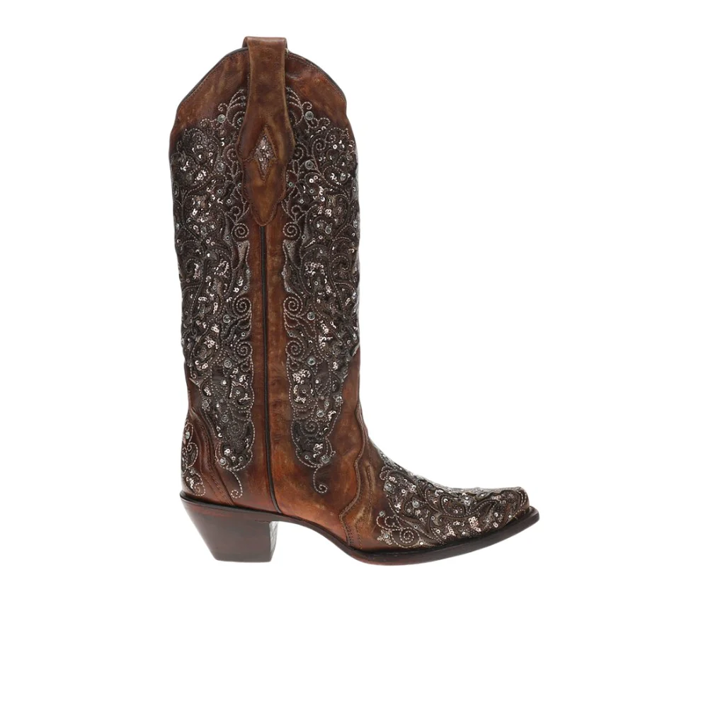 Rhinestones Sequins Embroidered Snip Toe Pull On Cowboy Boots