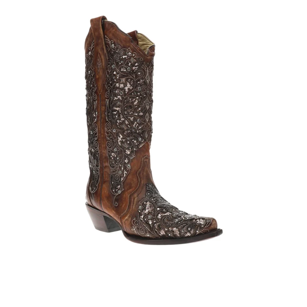 Rhinestones Sequins Embroidered Snip Toe Pull On Cowboy Boots - Image 2