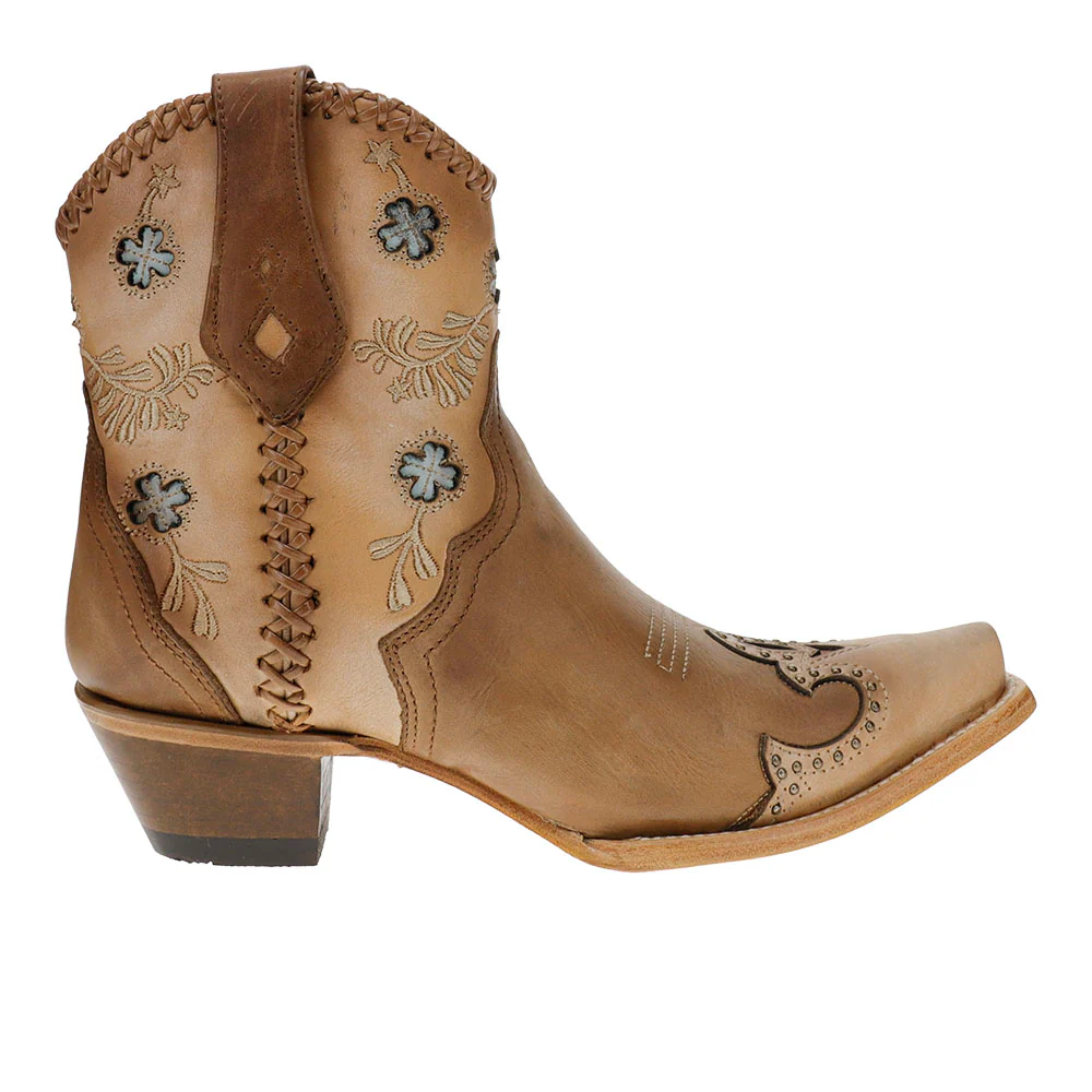 Clover Overlay Embroidered Studs Handwoven Ankle Snip Toe Pull On Cowboy Booties
