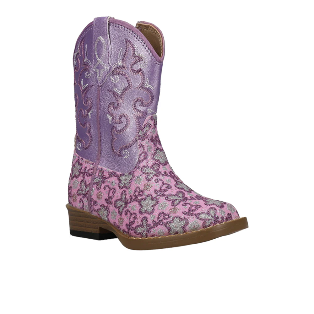 Lavender Glitter Floral Square Toe Cowboy Boots (Toddler) - Image 2
