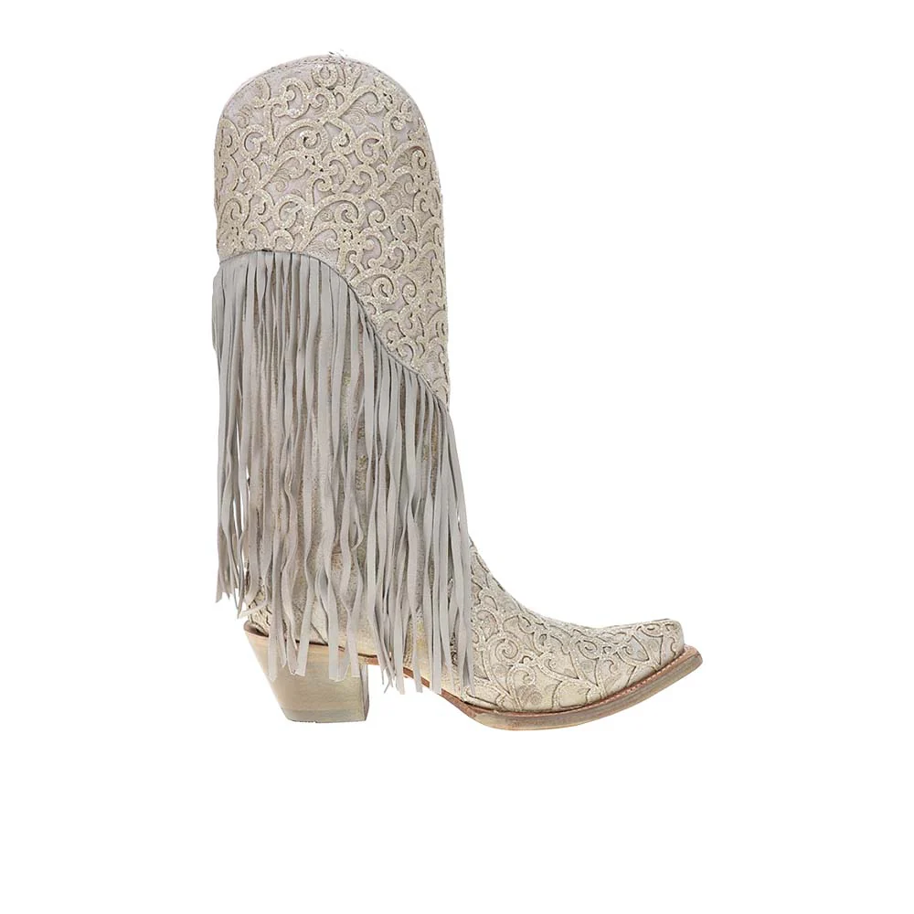 Overlay Embroidered Lamb Fringe White Snip Toe Pull On Cowboy Boots