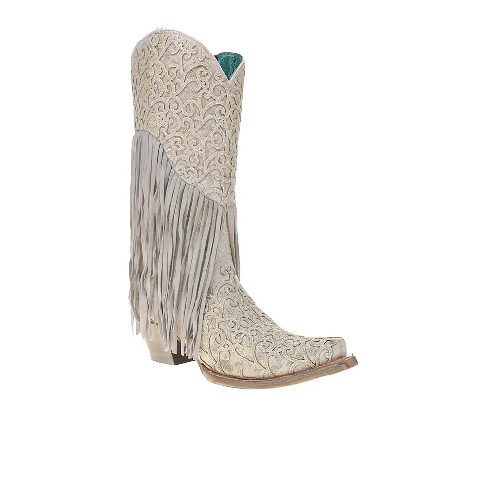 Overlay Embroidered Lamb Fringe White Snip Toe Pull On Cowboy Boots - Image 2