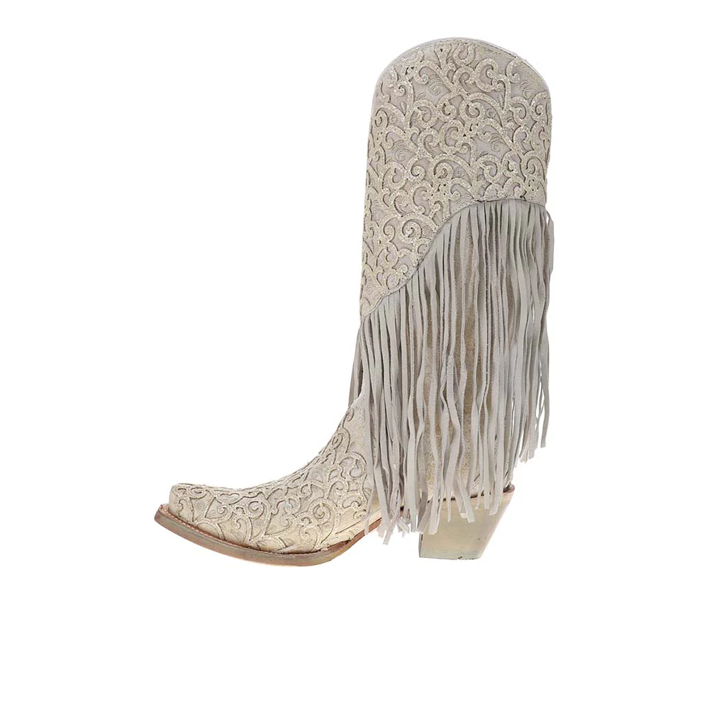 Overlay Embroidered Lamb Fringe White Snip Toe Pull On Cowboy Boots - Image 3