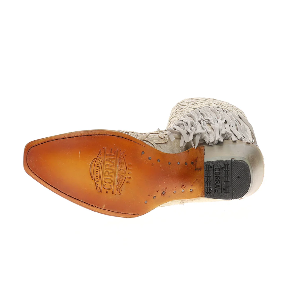Overlay Embroidered Lamb Fringe White Snip Toe Pull On Cowboy Boots - Image 5