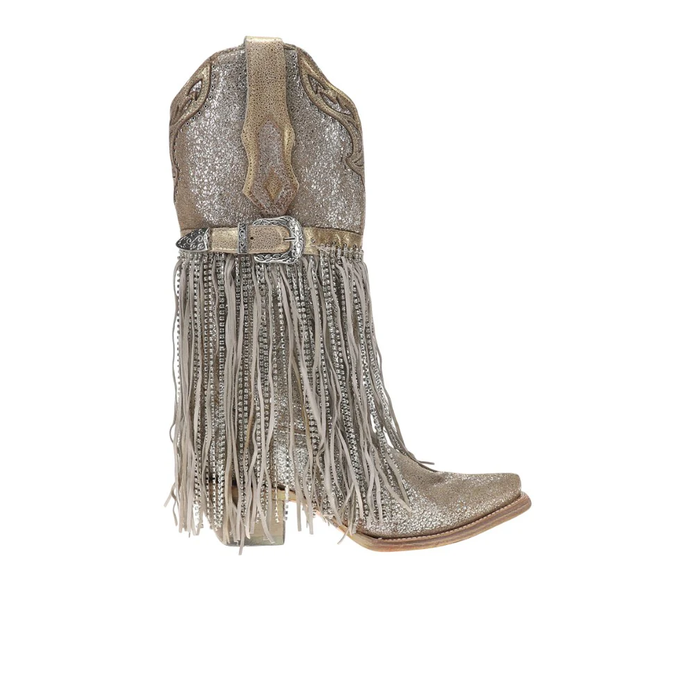Silver-Gold Finish With Crystal Fringe Harness And Studs Snip Toe Pull On Cowboy Boots