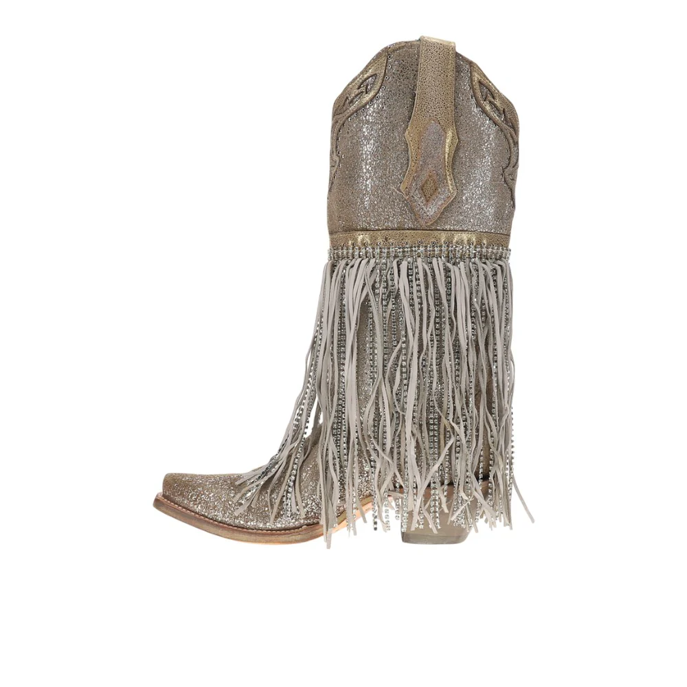 Silver-Gold Finish With Crystal Fringe Harness And Studs Snip Toe Pull On Cowboy Boots - Image 3