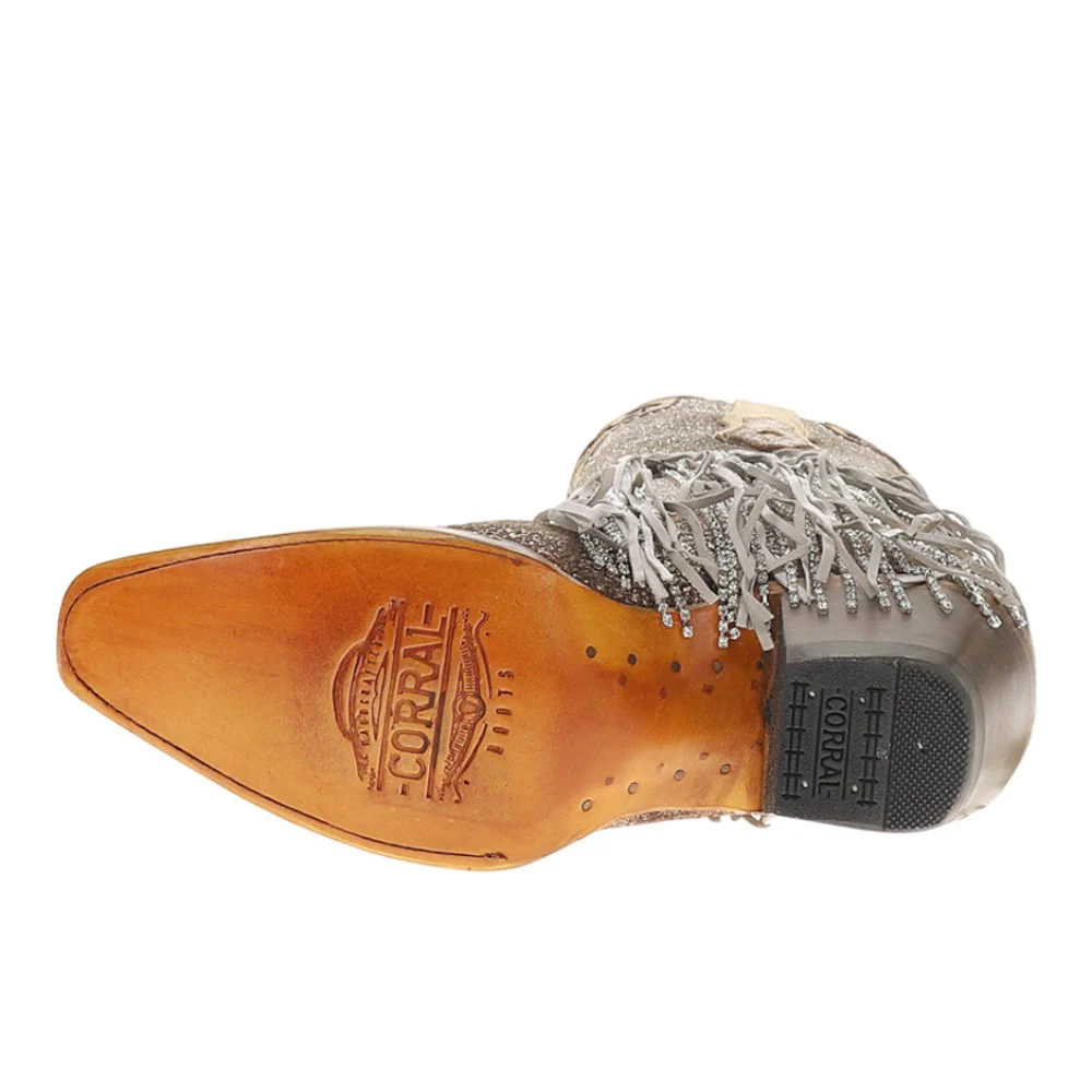 Silver-Gold Finish With Crystal Fringe Harness And Studs Snip Toe Pull On Cowboy Boots - Image 5